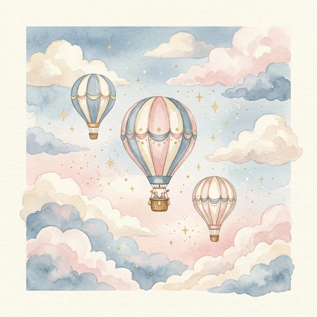 Cielo pastel acuarela con nubes esponjosas y globos aerostáticos en dusty blue y rosa polvo