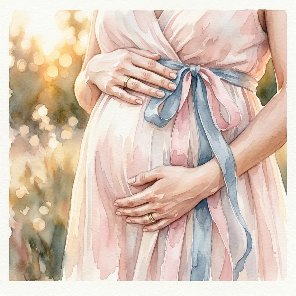 Manos de mamá sobre la panza con vestido blush y bokeh dorado al fondo