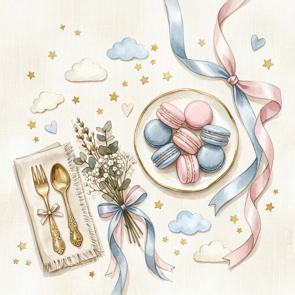 Flatlay baby shower con macarons pastel, lazos rosa polvo y celeste, estrellitas doradas sobre cream linen