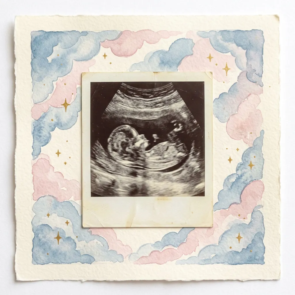 Sonograma styled como polaroid vintage rodeado de marco acuarela con nubes y estrellas doradas