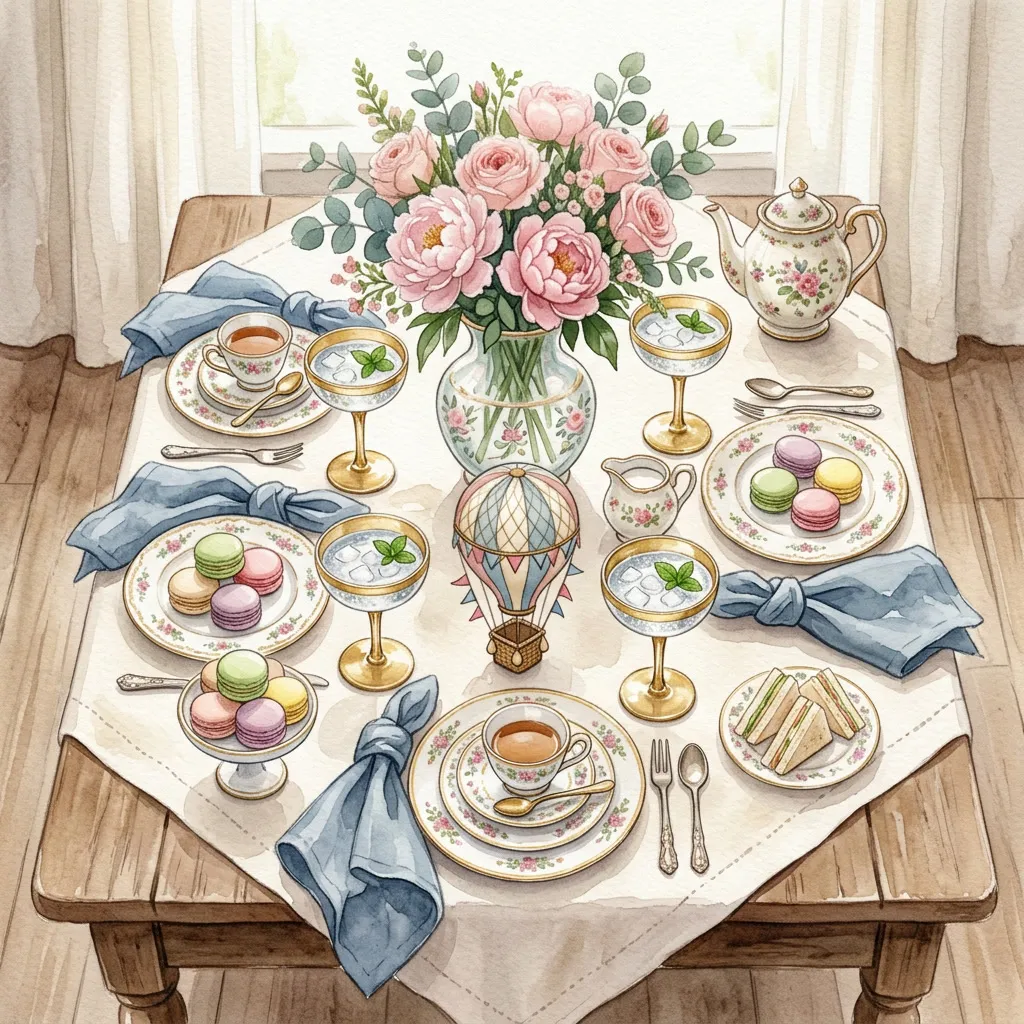 Mesa de tea party con peonías blush, servilletas dusty blue, macarons y china vintage en mantel crema