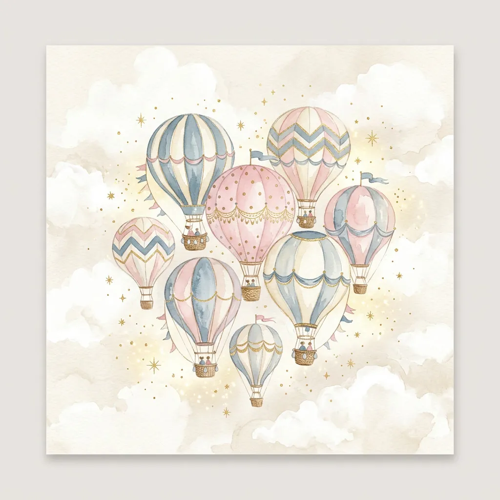 Cluster de globos aerostáticos pastel acuarela con estrellitas doradas en cielo crema