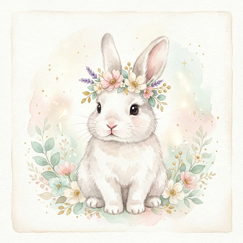 Retrato watercolor de conejito blanco con corona floral de wildflowers blush y eucaliptus mint
