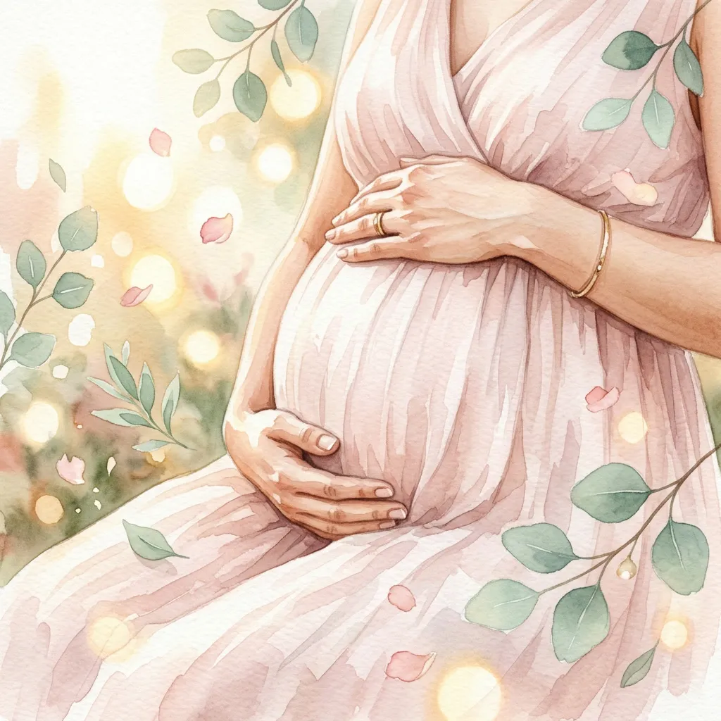Manos de mamá sobre la panza con hojas mint y pétalos blush flotando, bokeh dorado