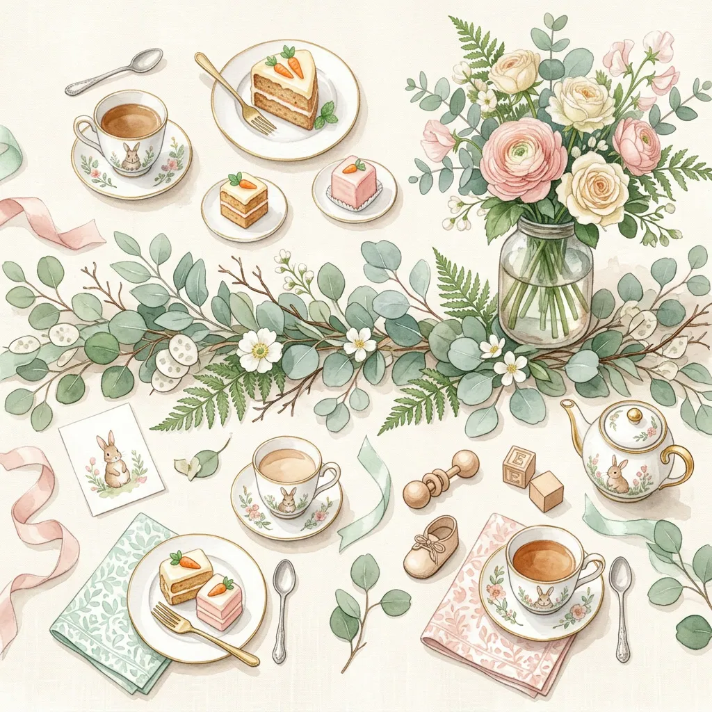 Mesa de tea party con china vintage con conejitos, carrot cake slices, ranunculus blush