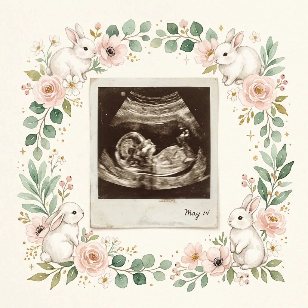 Sonograma styled como polaroid con marco watercolor de conejitos, wildflowers blush y eucaliptus