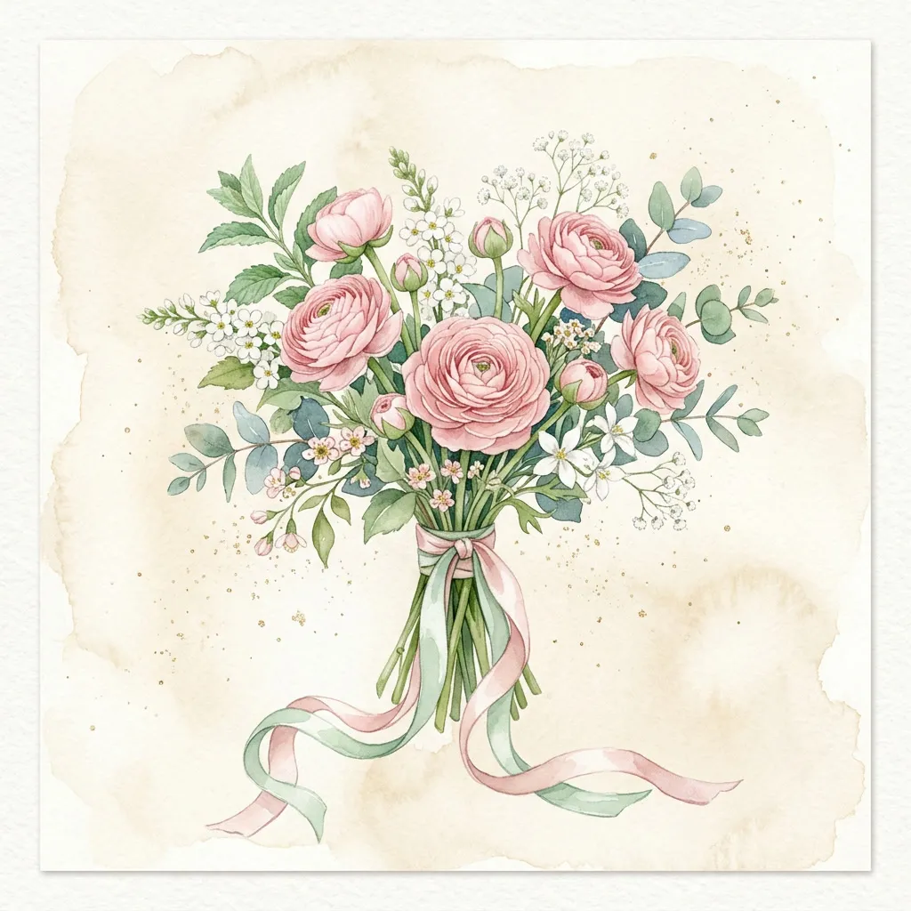 Bouquet watercolor de ranunculus blush, eucaliptus mint, baby breath y cintas pastel