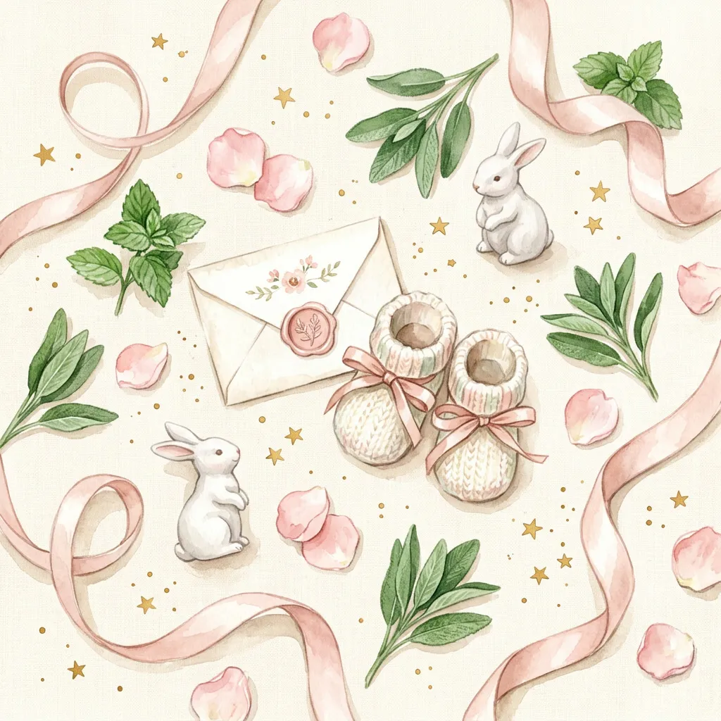 Flatlay decor: figuras de conejitos blancos, pétalos blush, sage sprigs, confetti dorado