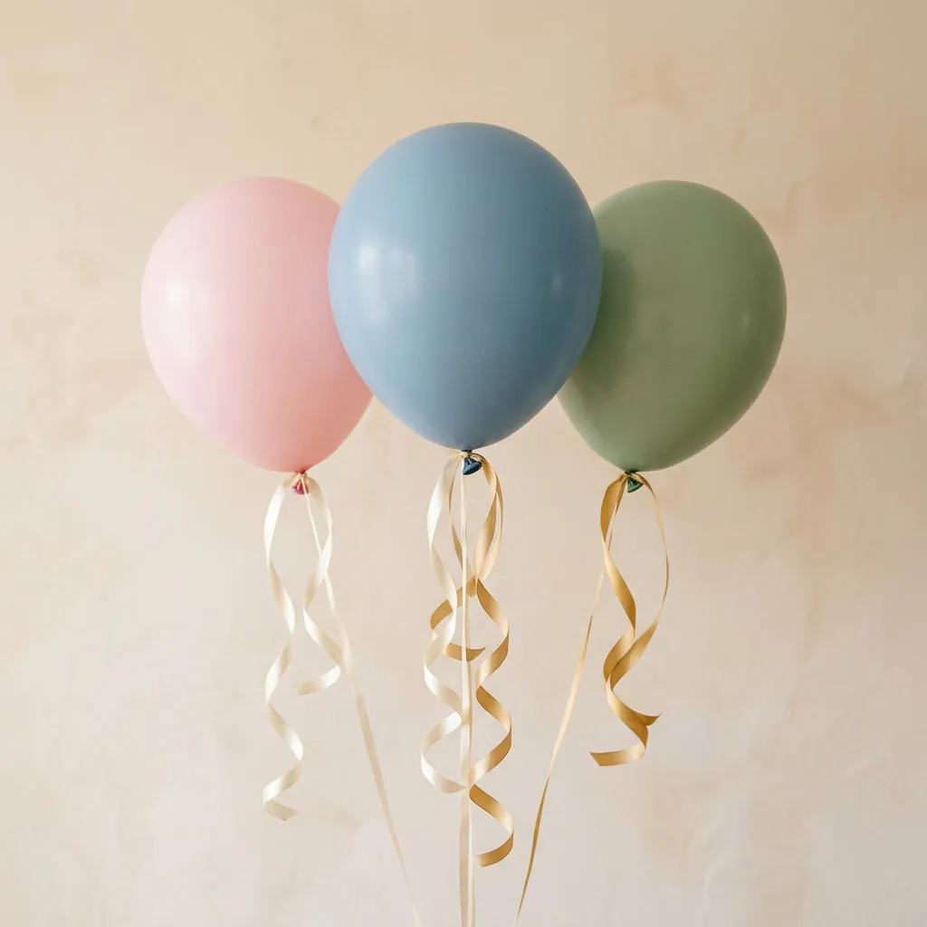 Tres globos pastel close-up con cintas satin doradas sobre cream