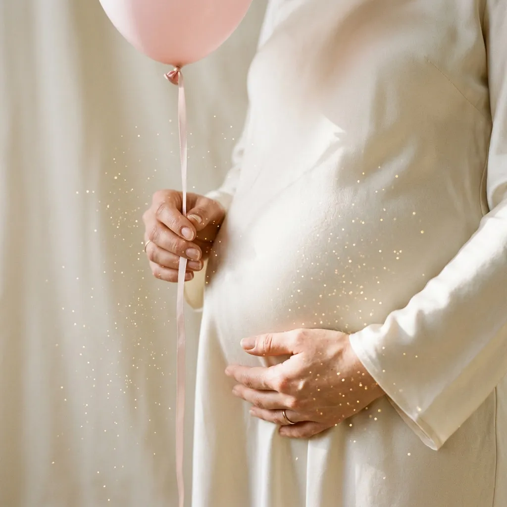 Mamá con vestido silk crema sosteniendo un globo rosa polvo, gold dust
