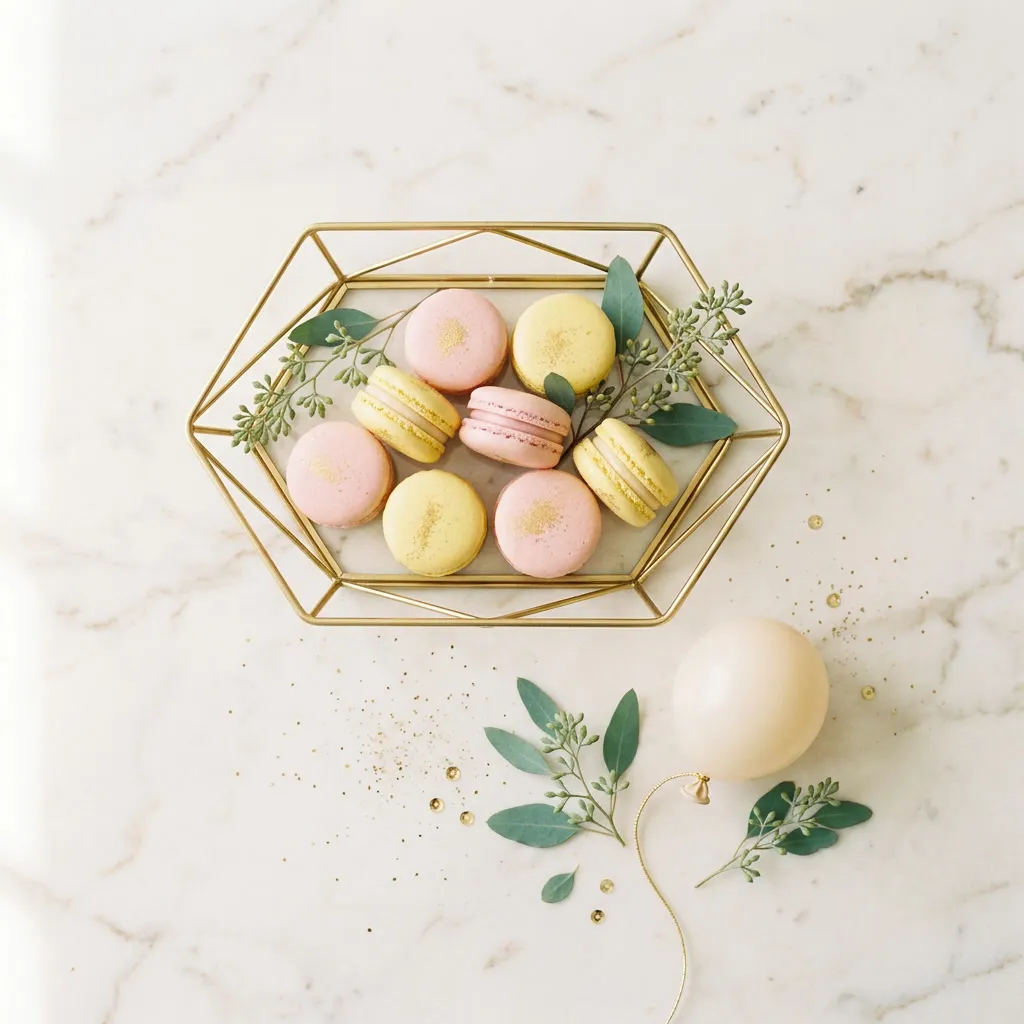 Flatlay modern minimal con macarons pastel, gold confetti, tray geométrico dorado sobre cream marble