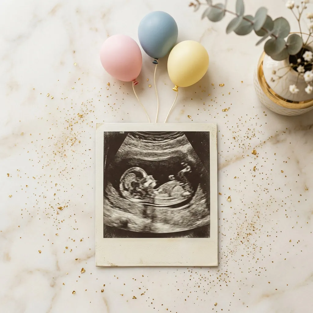 Sonograma polaroid minimalista sobre cream marble con tres globos pastel mini flotando