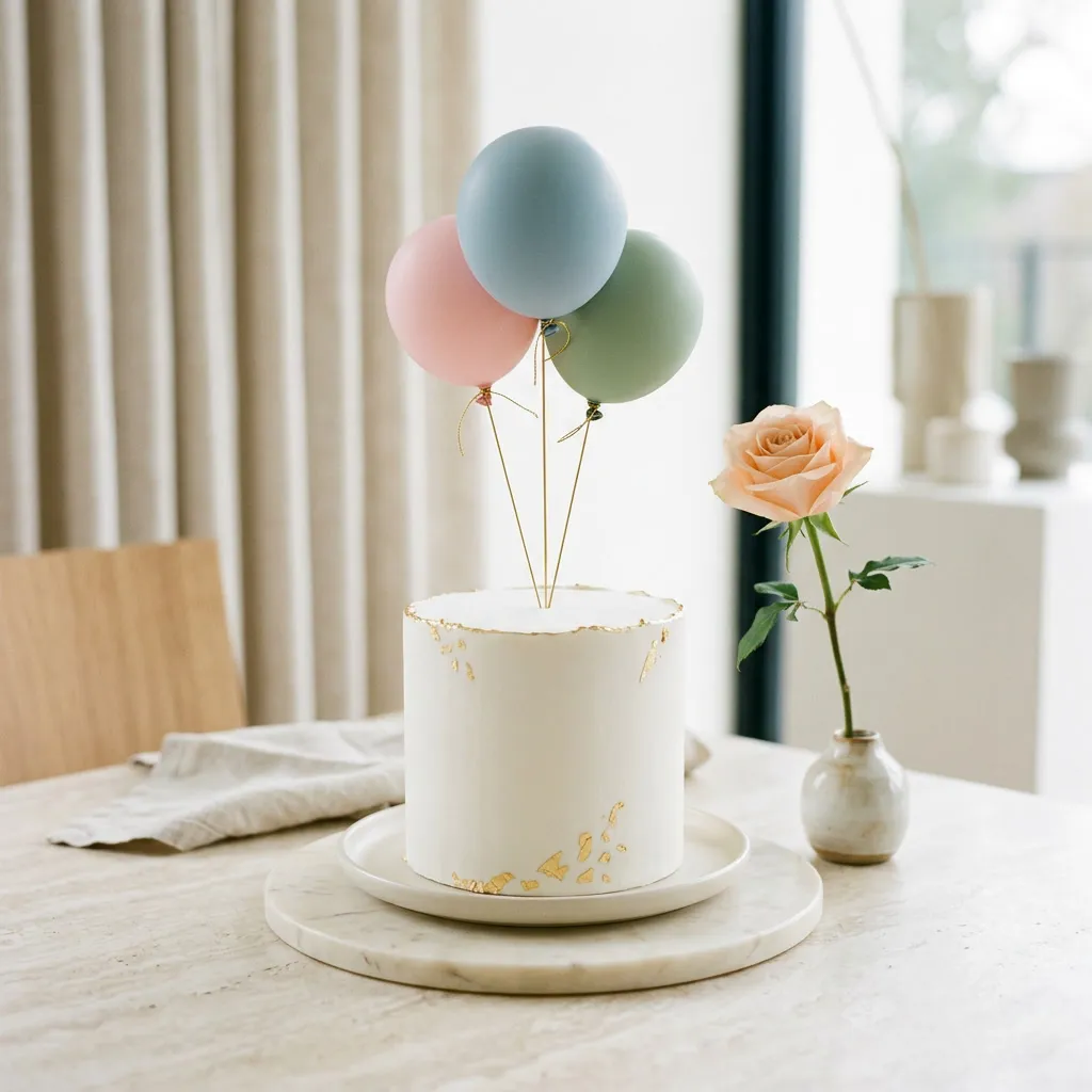 Torta blanca single tier con gold leaf y globos pastel mini, editorial minimal