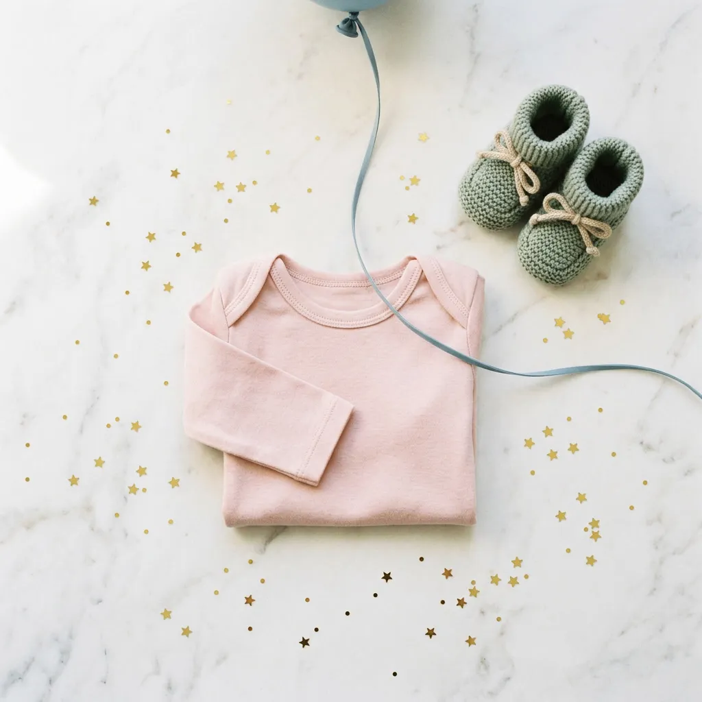 Onesie rosa polvo doblado sobre cream marble con booties sage y gold stars confetti