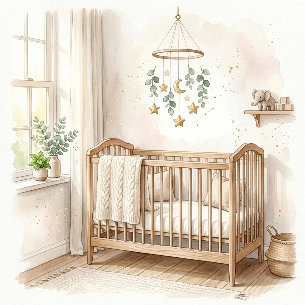 Cuarto del bebé watercolor con cuna de madera y móvil de hojitas de eucalipto y estrellas doradas