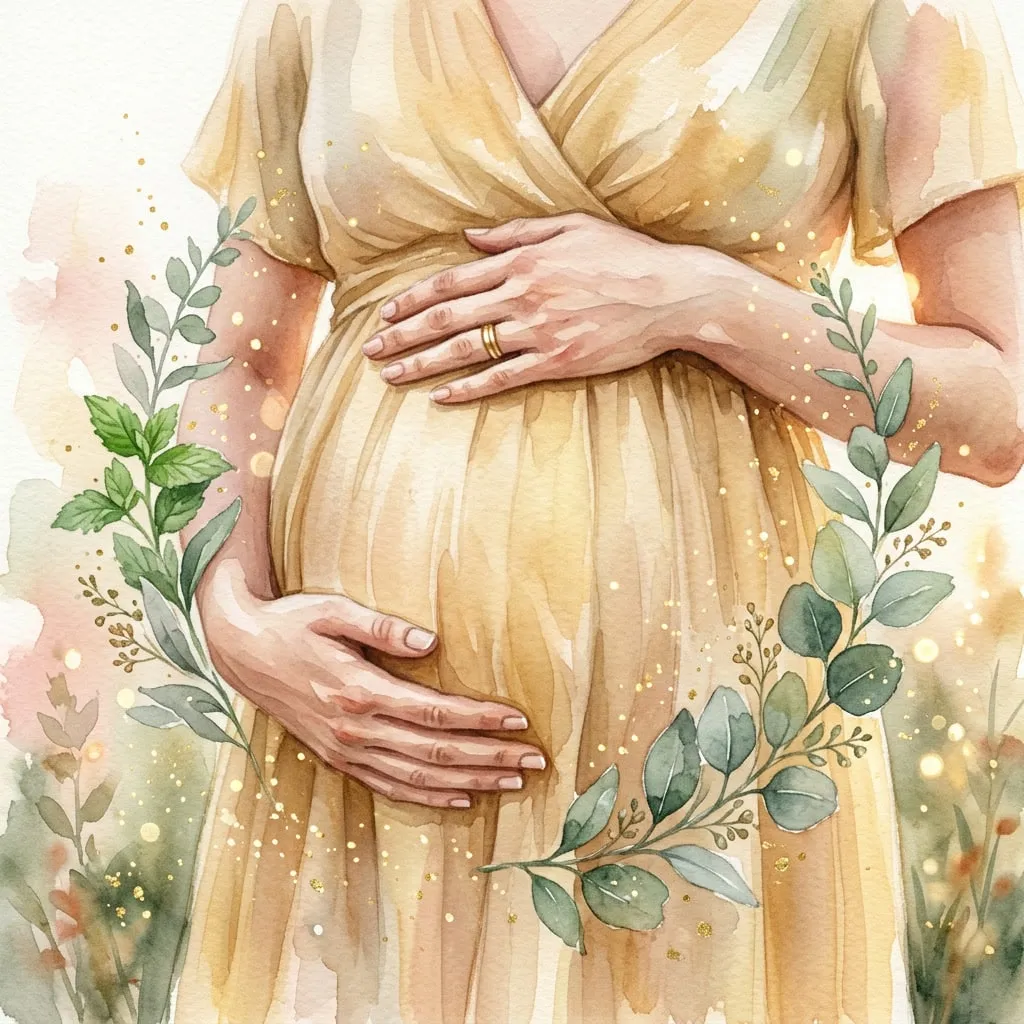 Manos de mamá sobre la panza con vestido dorado y eucalipto flotando