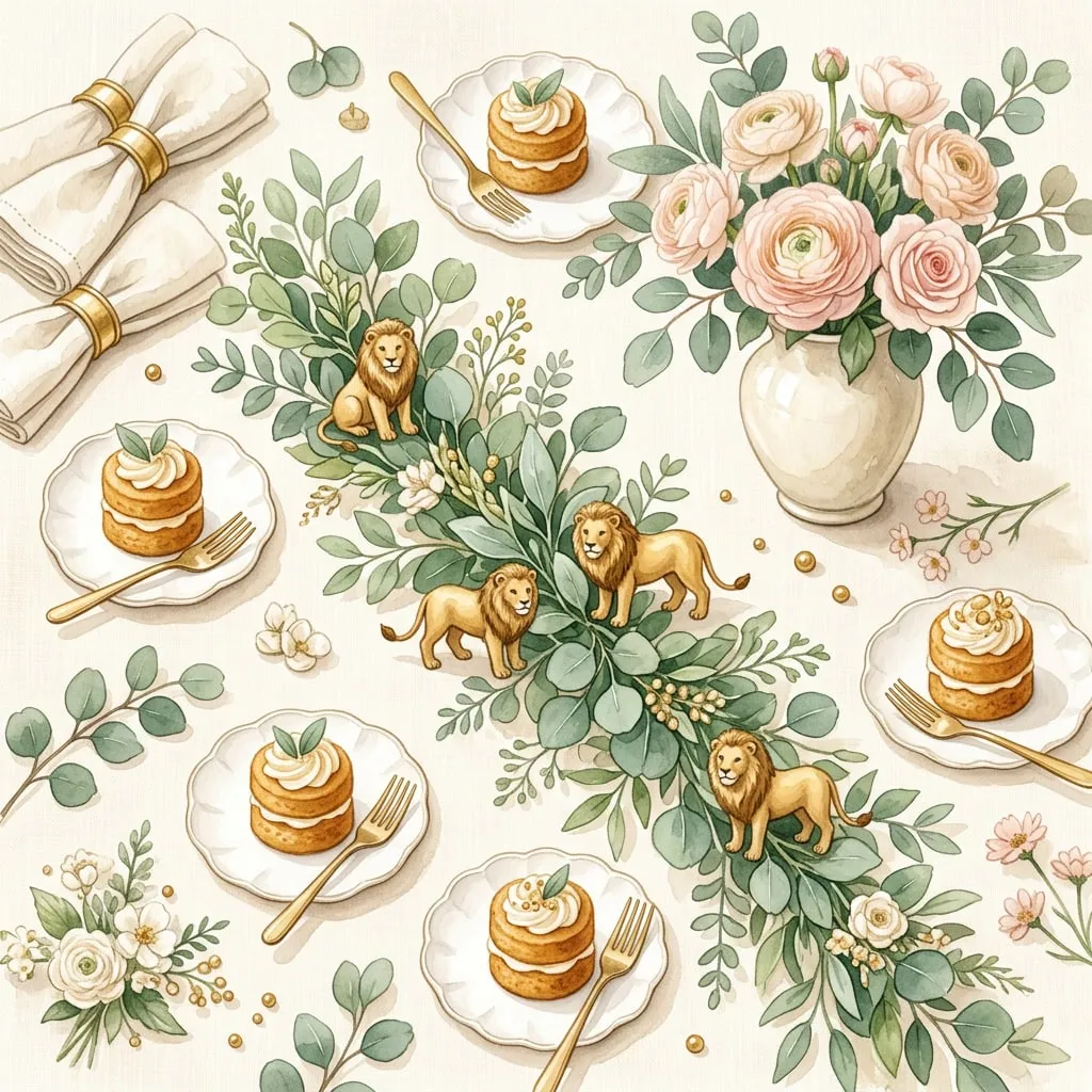Flatlay decor con leoncitos dorados, runner de eucalipto y mini tortas miel