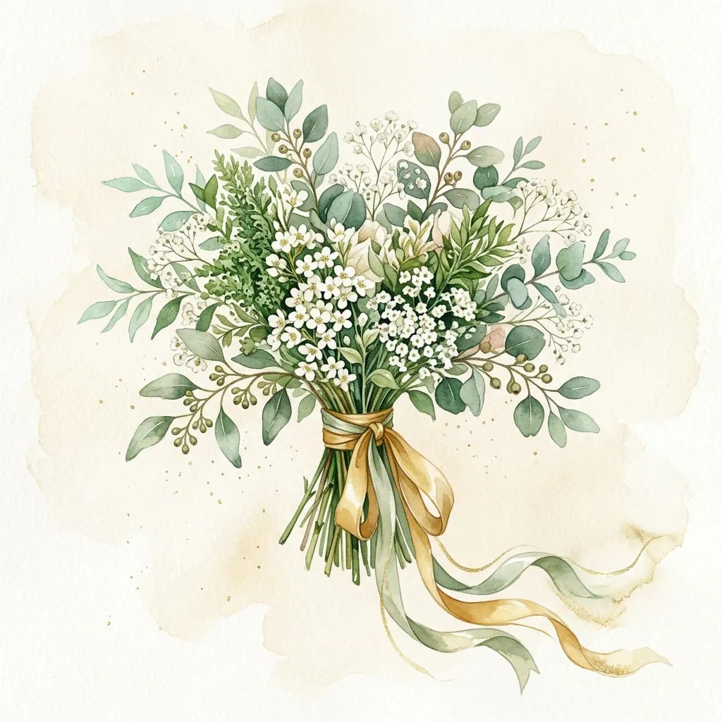 Ramo watercolor de eucalipto, follaje verde y cintas doradas en fondo cream