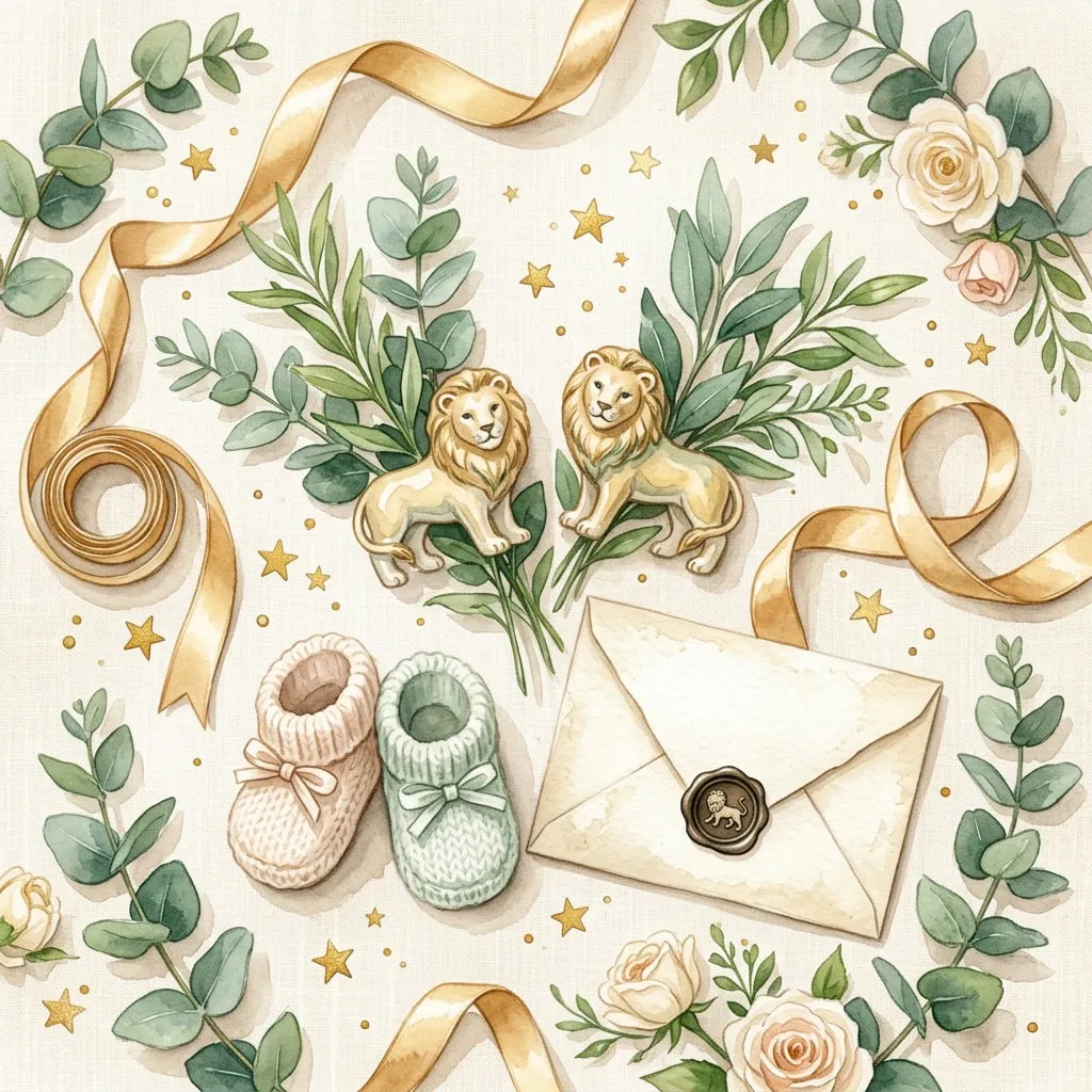 Decor de baby shower con leoncitos de cerámica, eucalipto, cintas doradas y botitas