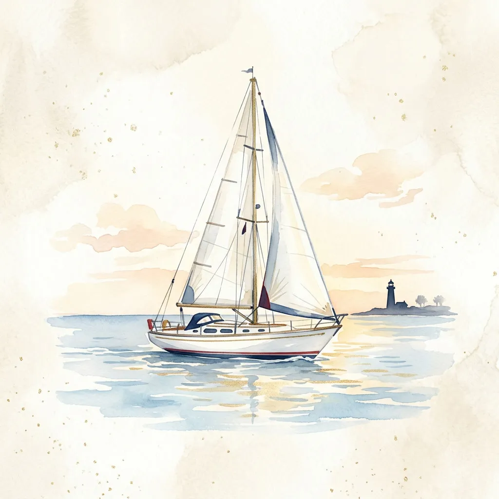 Velero blanco clásico watercolor con detalles dorados sobre aguas pastel azul, faro distante al fondo