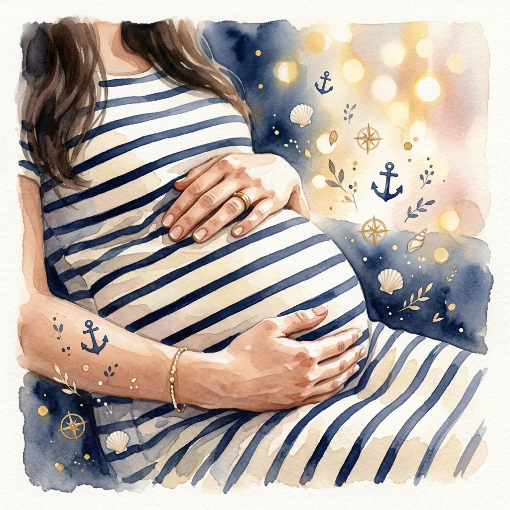 Manos de mamá sobre la panza con vestido a rayas navy y cream, anclas y compás watercolor flotando
