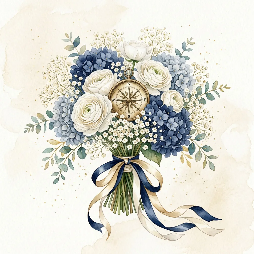 Bouquet watercolor de ranunculus blancos, hortensias navy, baby breath y rosa de los vientos dorada