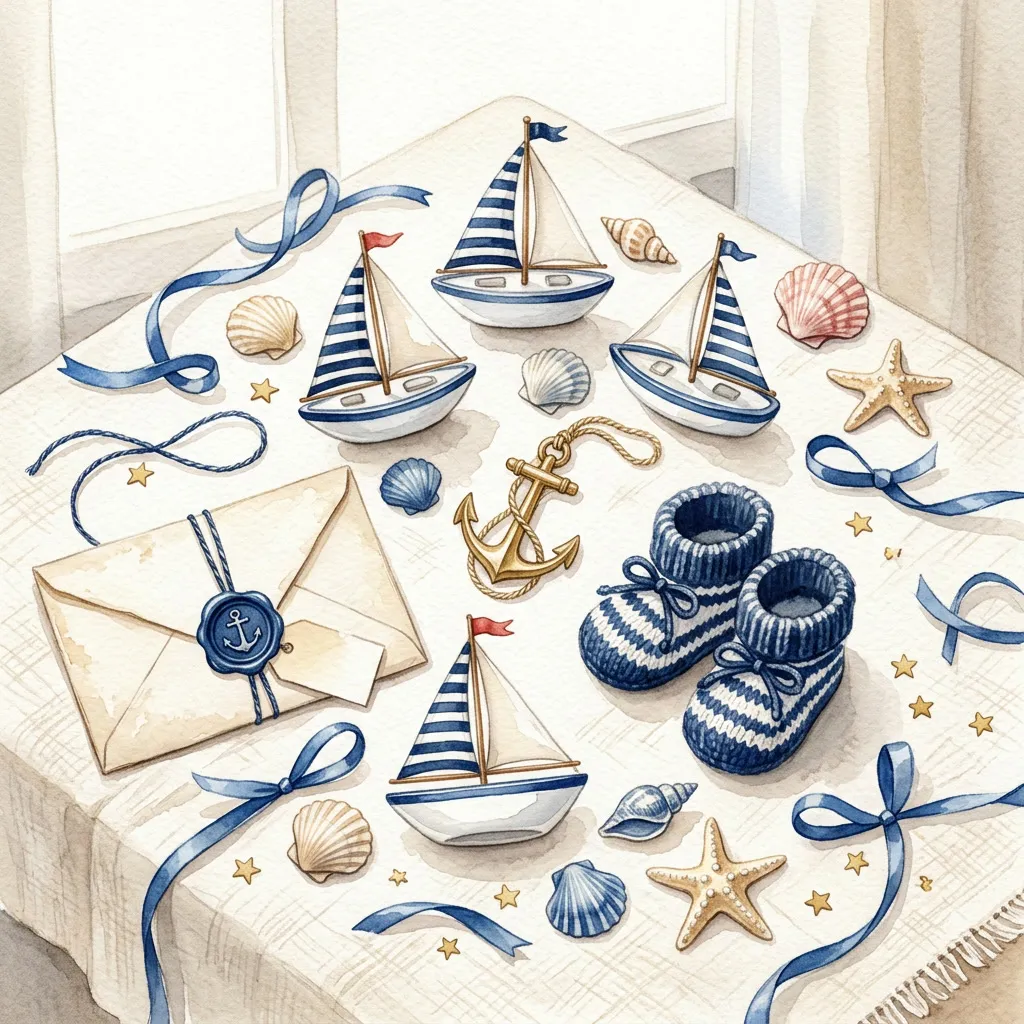 Flatlay decor: figuras de veleros, ancla dorada vintage, baby booties a rayas navy, confetti dorado