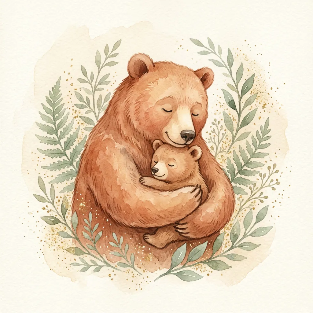 Mama bear abrazando a baby bear watercolor en cream con sage ferns