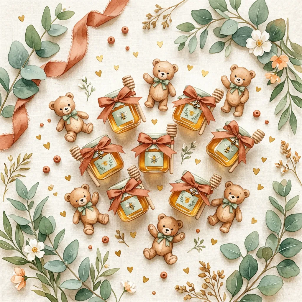 Flatlay decor con frascos de miel, teddy bears, sage ferns y lazos terracota