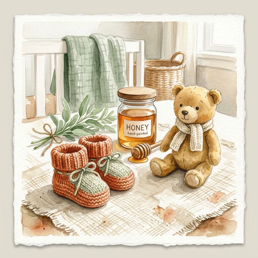 Botitas tejidas en terracota junto a teddy bear plush, frasco de miel y sage