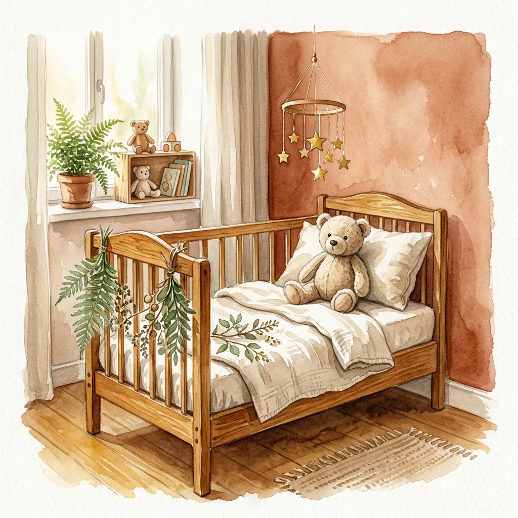 Cuna de madera con teddy bear, helechos sage y móvil de estrellas doradas