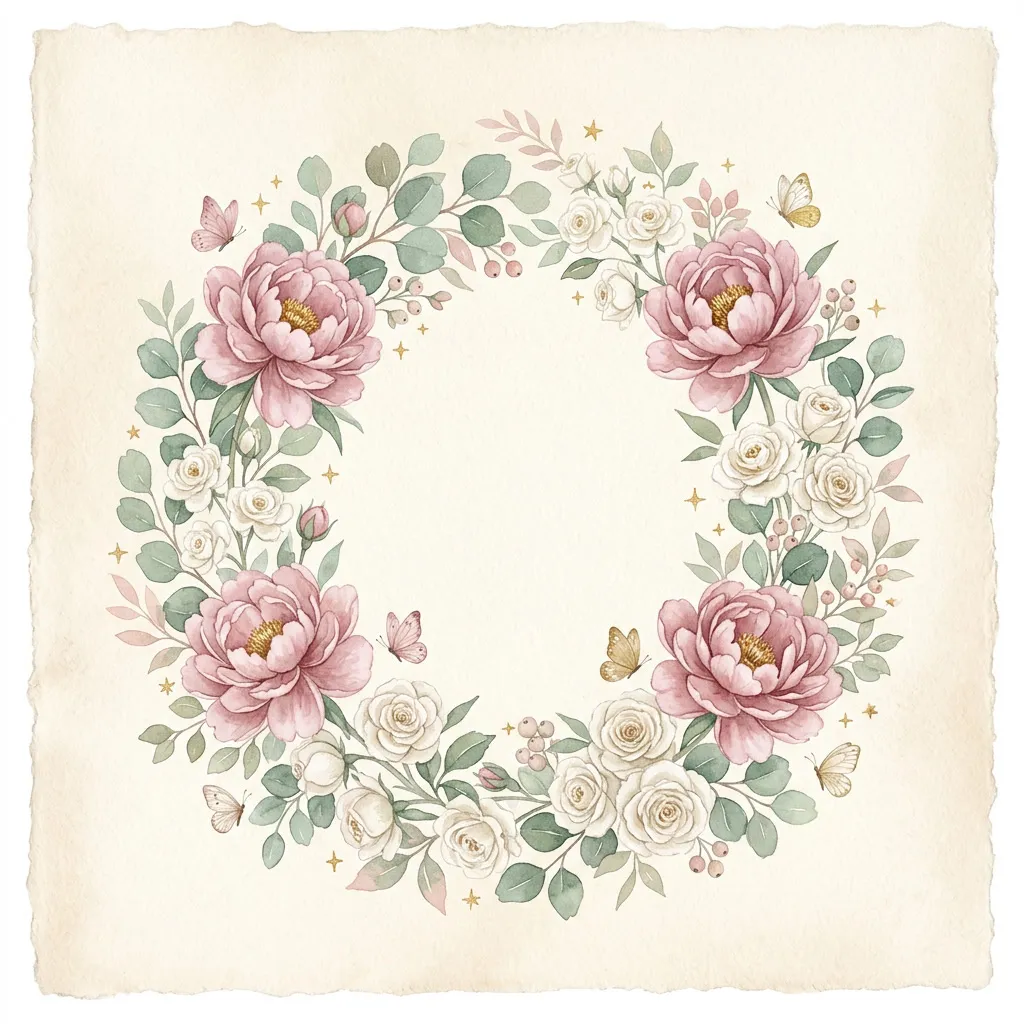 Corona watercolor con peonías rosas y eucaliptus sobre paper cream