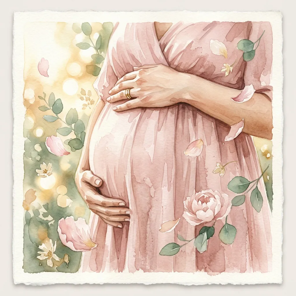 Manos de mamá sobre la panza con pétalos de peonía cayendo y bokeh dorado