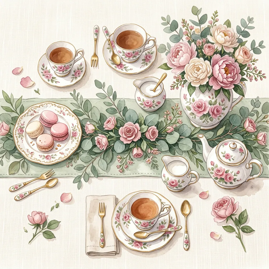 Mesa de tea party con china vintage, macarons rosas y peonías en florero