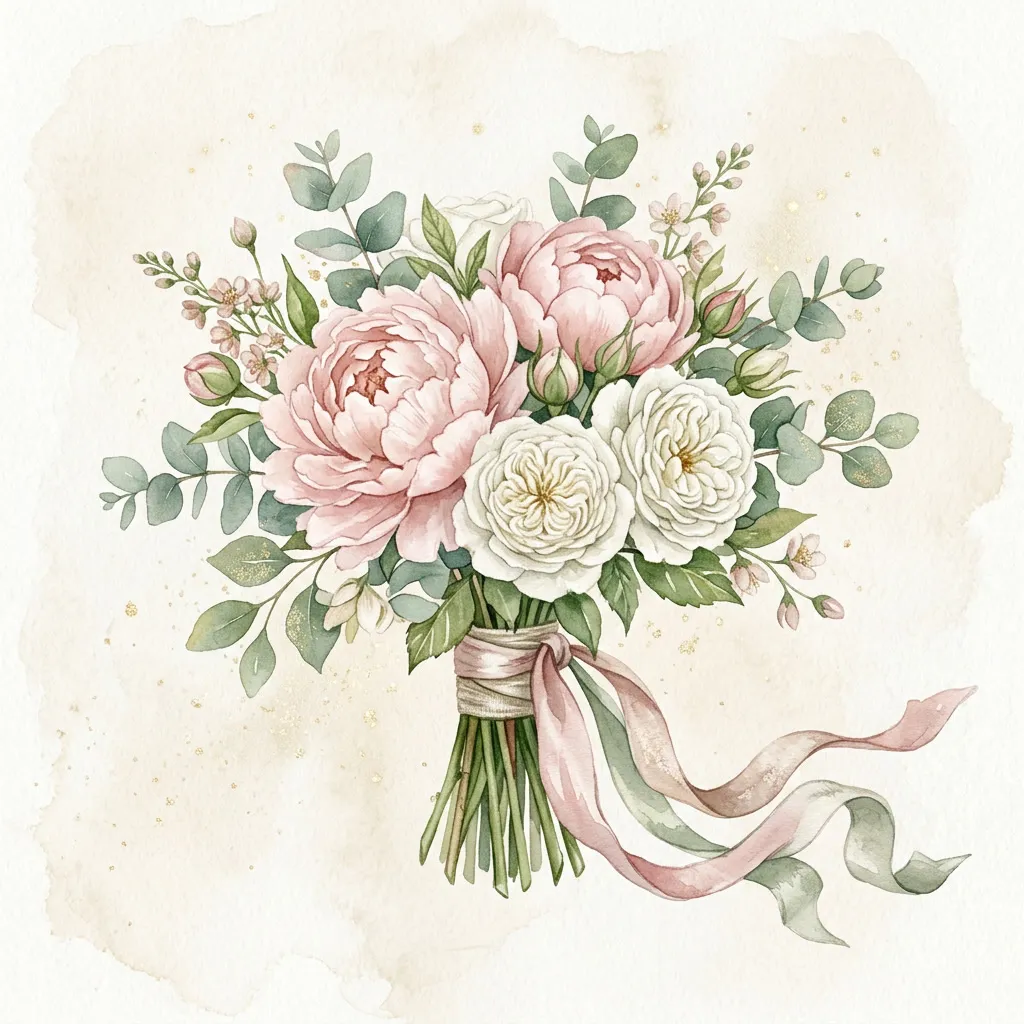 Bouquet acuarela de peonías rosas, eucaliptus, rosas blancas y cintas en cream