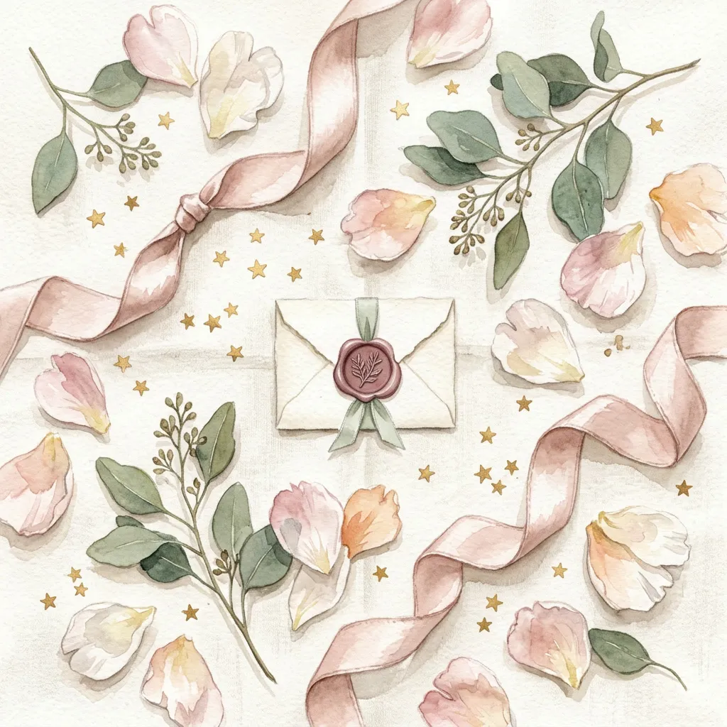 Flatlay decor floral pastel: pétalos, eucaliptus, lazos rosa polvo, estrellitas doradas