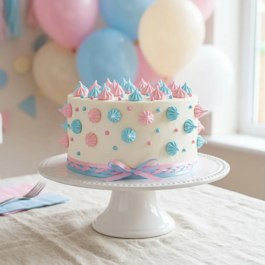 Torta blanca de revelación de género con merenguitos rosas y celestes y cinta de raso