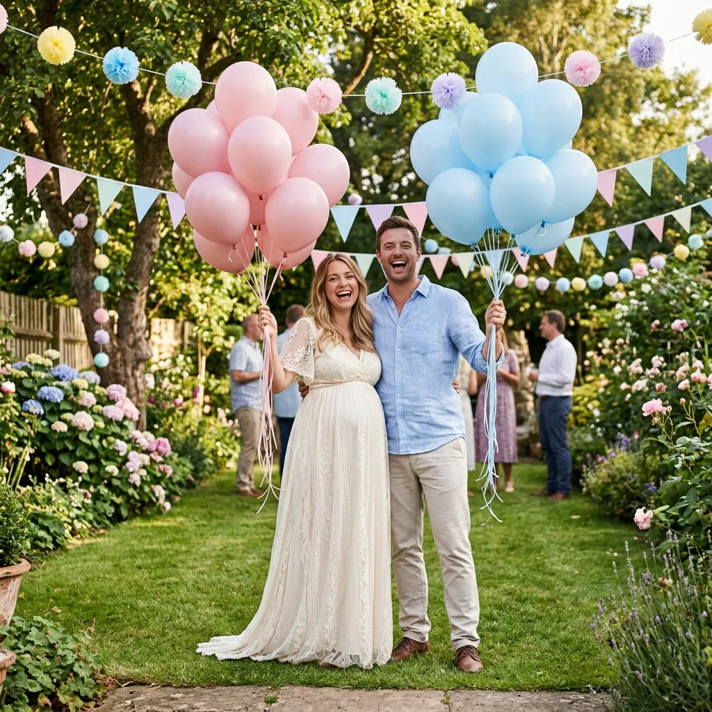Papás sonrientes con globos rosas y celestes en un jardín decorado con guirnaldas pastel