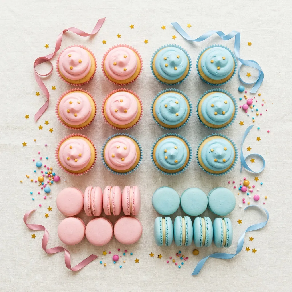 Flatlay de cupcakes rosas y celestes con macarons pastel y confeti de estrellitas doradas