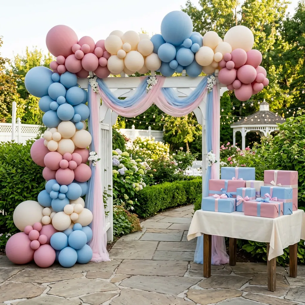 Arco de globos rosas, celestes y crema en la entrada de la fiesta con mesa de regalos