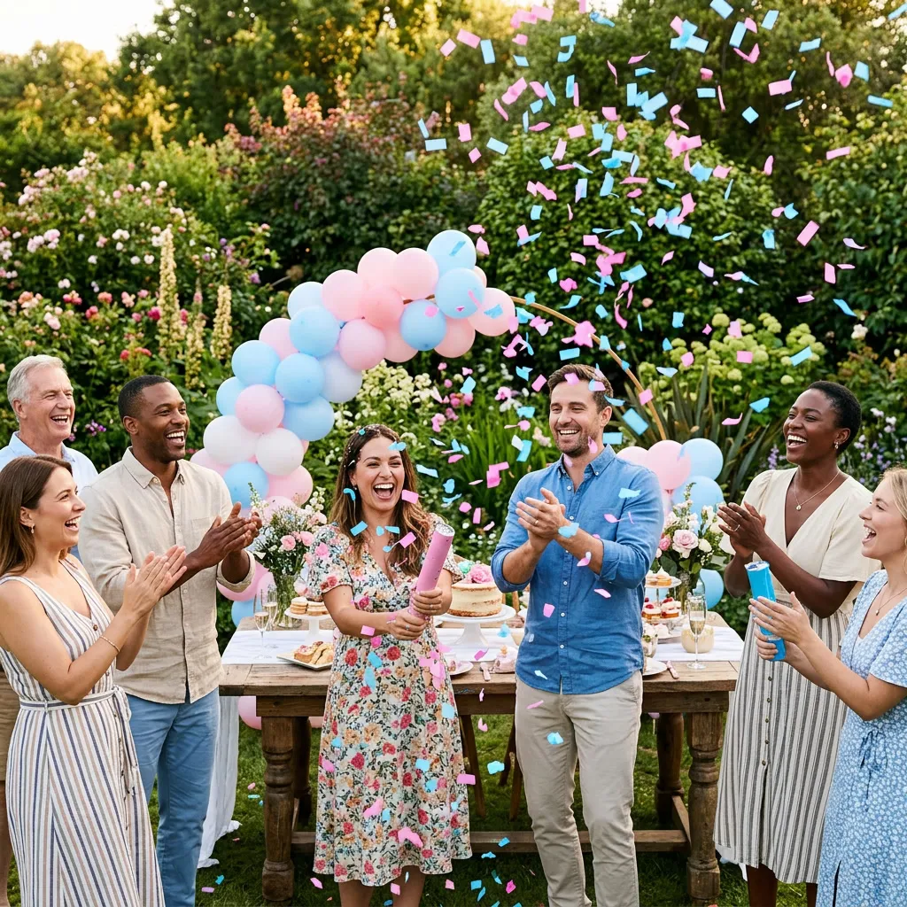 Invitados festejando con confeti rosa y celeste en el aire durante la revelación