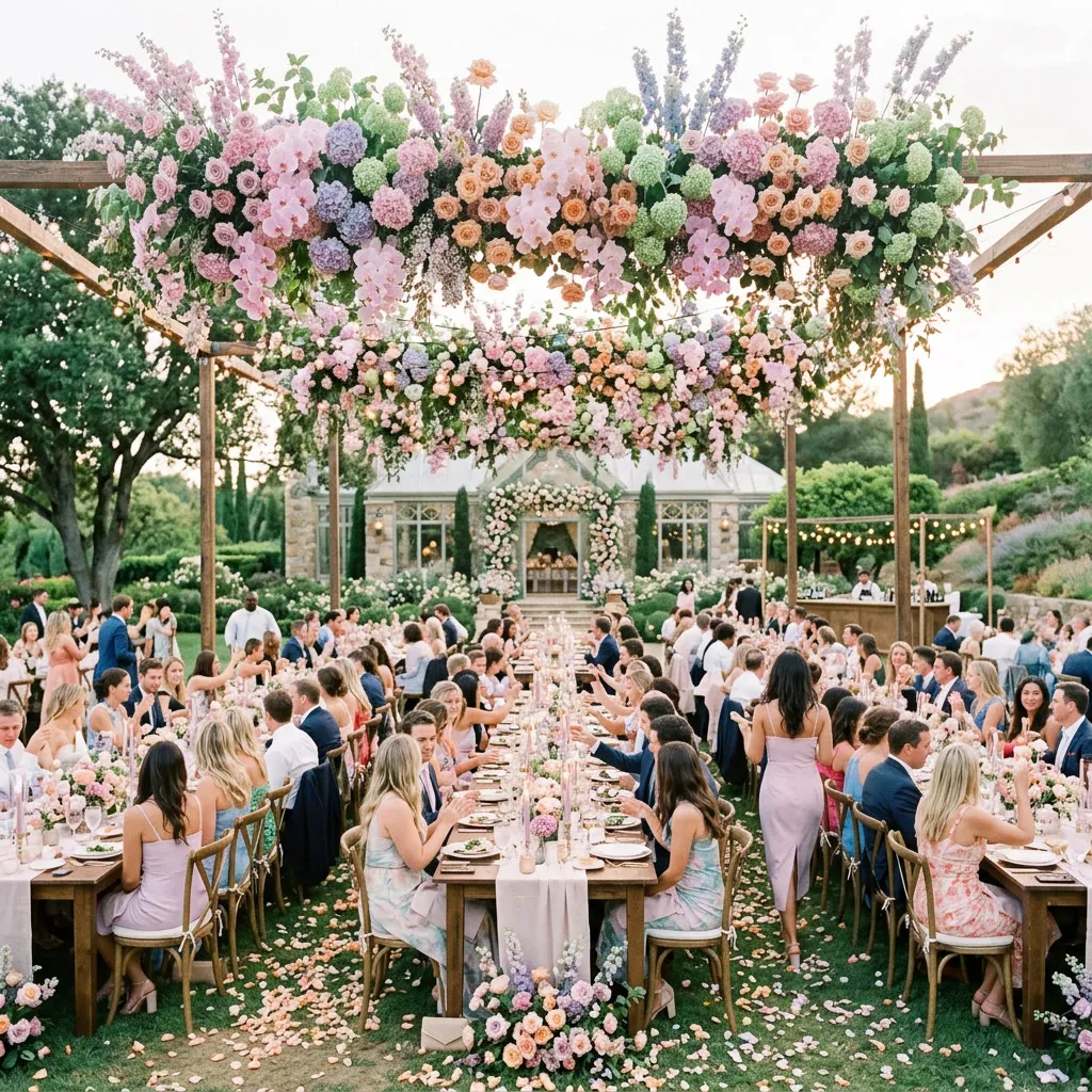 Gran instalación floral aireada y suave en orquídea, lavanda, durazno y menta sobre un arco, con luz luminosa y ambiente dreamy