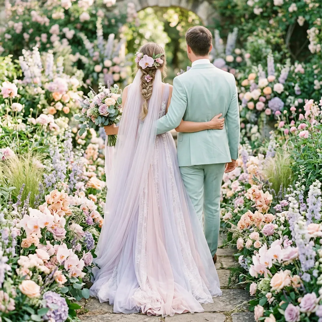 Pareja de novios de espaldas caminando entre flores pastel, ella con vestido fluido pastel y él con traje claro