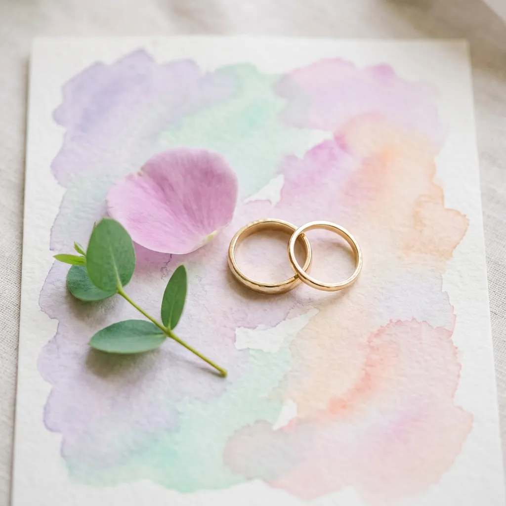 Anillos dorados sobre una invitación de washes de acuarela multicolor suaves, junto a un pétalo orquídea y una hoja de menta, con luz difusa