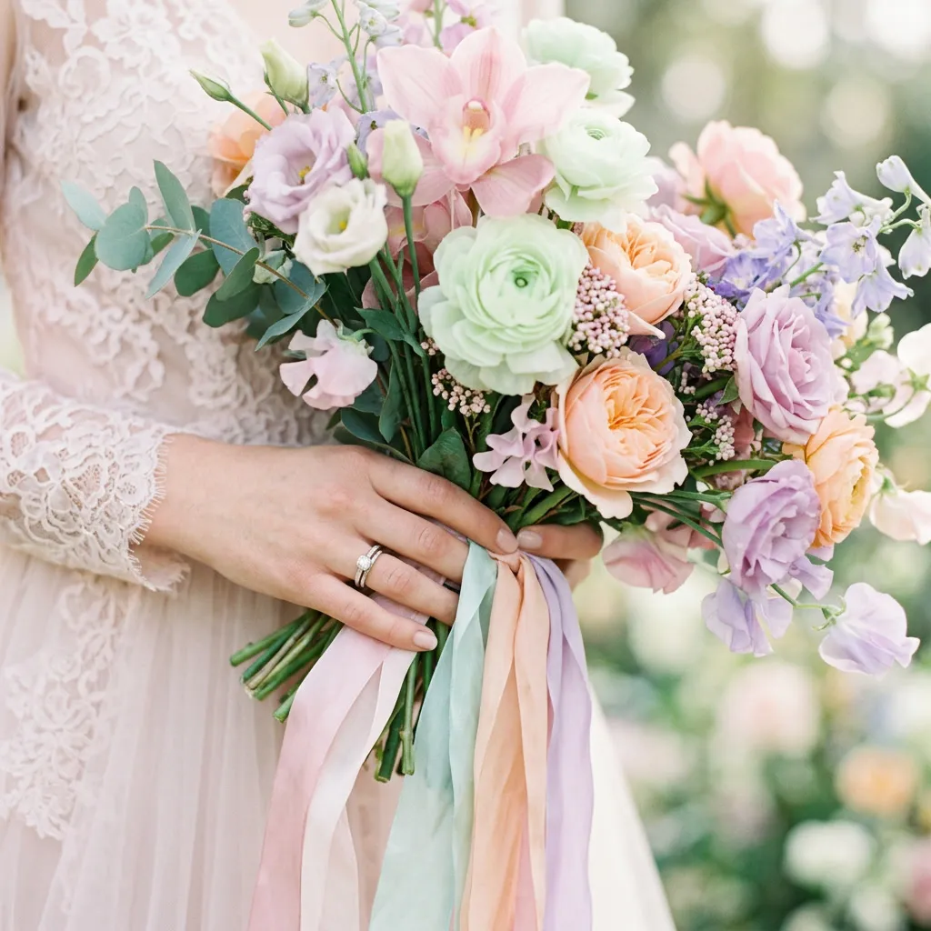 Manos de la novia sosteniendo un bouquet multicolor de flores pastel orquídea, menta, durazno y lavanda atado con cintas pastel