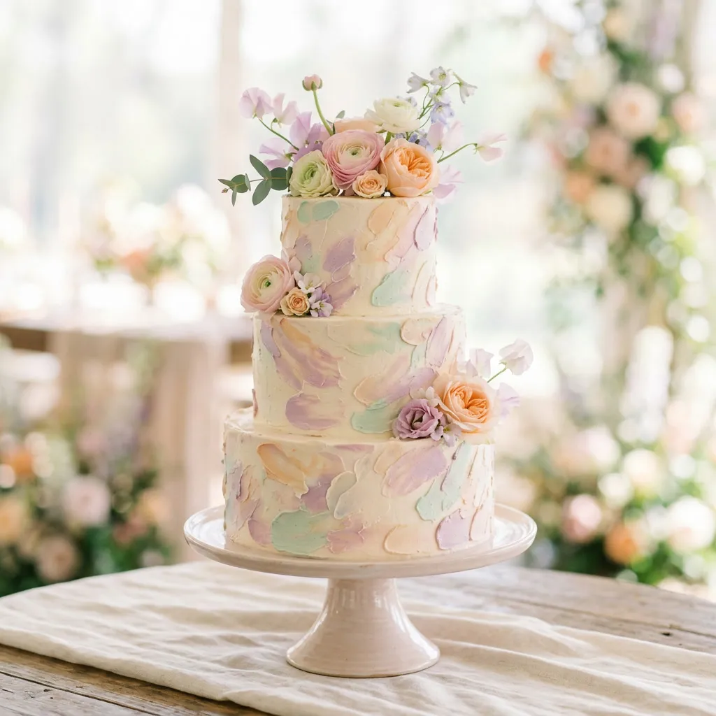 Torta de casamiento decorada con brushstrokes de buttercream pastel orquídea, menta y durazno sobre soporte claro, con flores frescas pastel y fondo difuso
