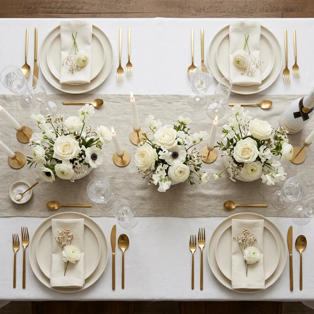Vista cenital de mesa de recepción all-white: mantel de lino crudo, vajilla marfil, velas cónicas blancas y centros de rosas y ranúnculos blancos
