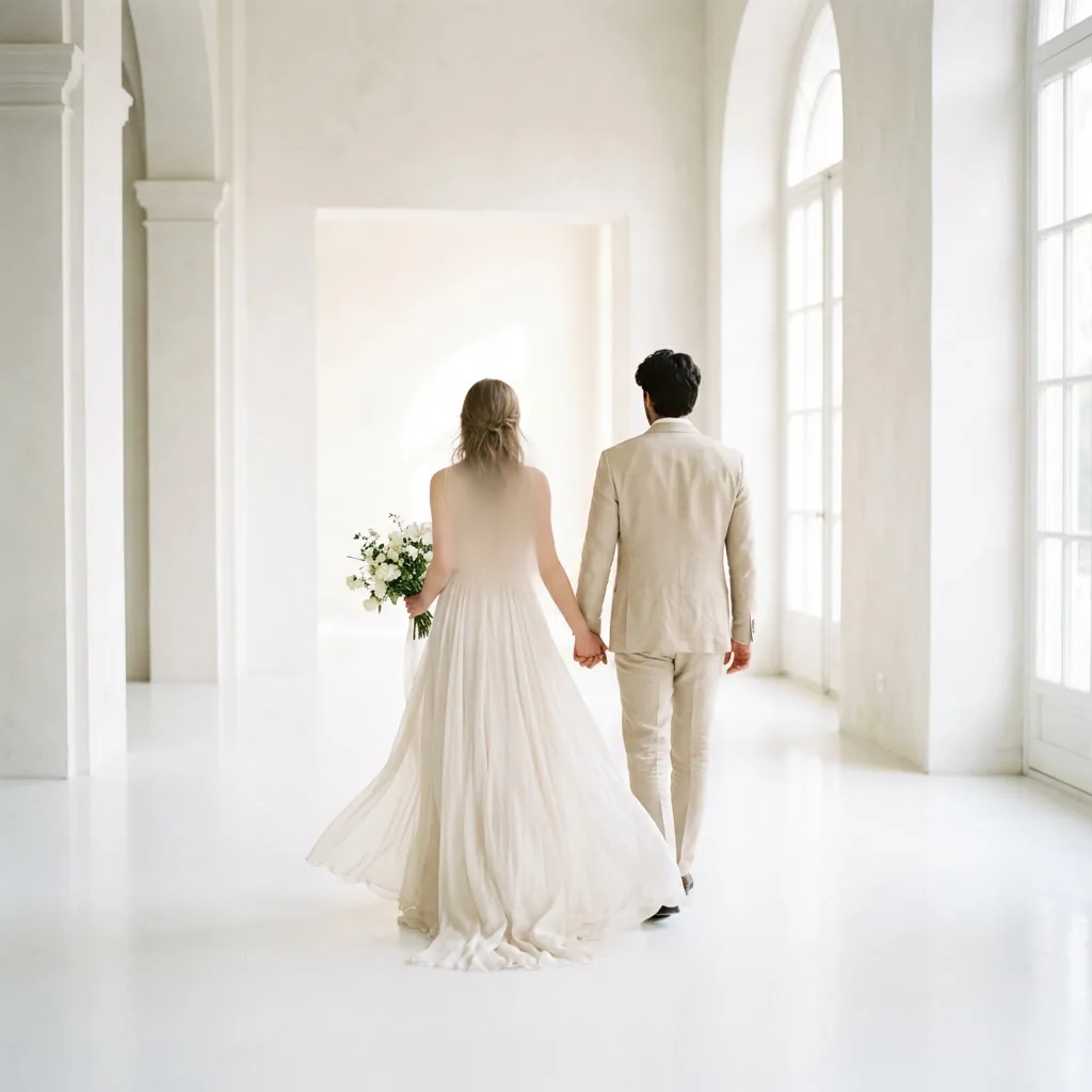 Pareja de espaldas en tonos claros caminando por un espacio all-white luminoso, novia con vestido fluido marfil y novio con traje claro champagne