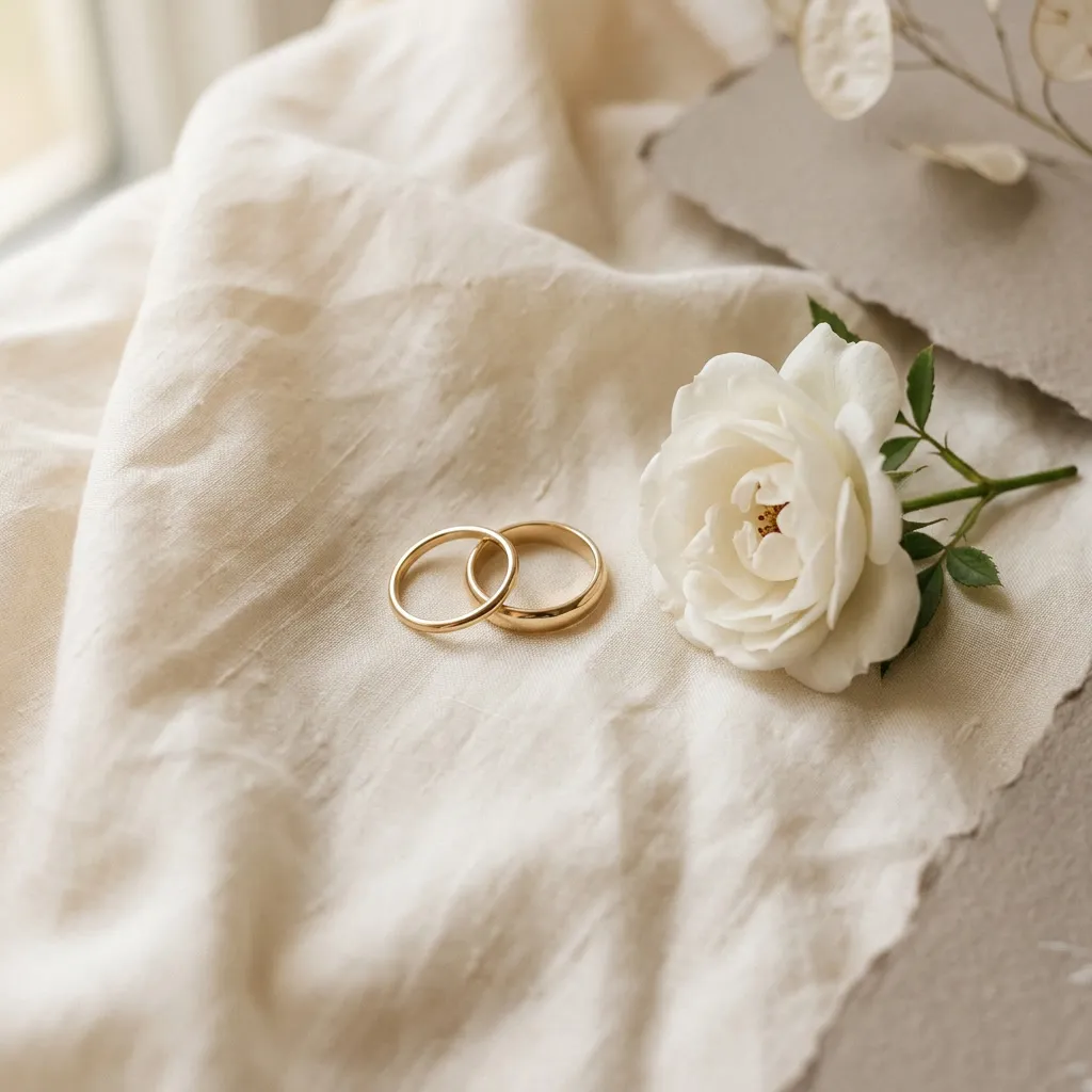 Flat lay de anillos dorados delicados sobre un retazo de seda cruda marfil arrugada junto a una rosa blanca, luz difusa