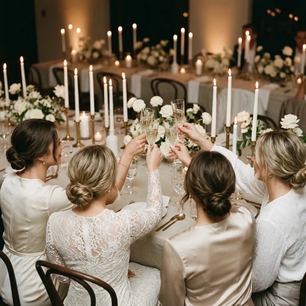 Hilera de velas cónicas blancas de distinta altura sobre lino crudo con rosas blancas dispersas y luz cálida tenue